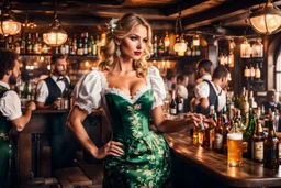 long shot of a beautiful tavern with many peoples drinking, fullbody of very beautiful German goddess girl with make up Lily wearing a pretty dress as she is a bartender gracefully serving the people, her eyes beauty Draw attention of every one in tavern,everyone is looking at her