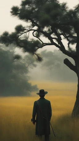 A lonely cowboy in the grassland, a foggy day film in the Wong Kar Wai style, foreground blur, distant view in the style of Wu Chen and George Hopper, Rembrandt lighting, a dark green and yellow color scheme, ethereal light. --ar 13:16 --v 6. 0