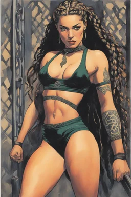 a Celtic girl with braids in a dark tight sport outfit, she does gym, panting [Original and final cover art and five interior illustrations by underground comix artist, Spain Rodriguez, from the German edition of Charles Bukowski’s book, Women, circa 1980’s.]