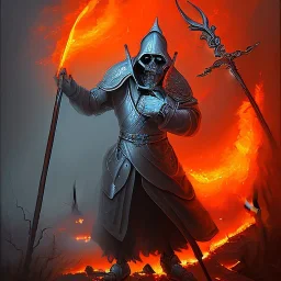 upper body of grim reaper in front of skewed house on fire in a hurricane, upper body of orange devil with spear, thick forest, oil painting, portrait