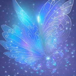 subtle transparent bright glitter blue butterfly, light, galactic, subtle flowers