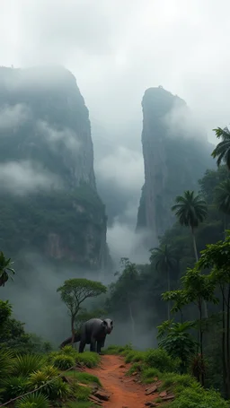 A trail between two mountains peaks in the Amazon side view , a giant dinosaur is standing, below is a huge wood top view , foggy, misty , adventures