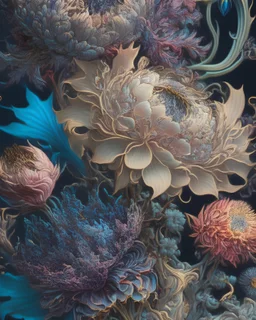 an ultra hd detailed painting of many different types of flowers by Android Jones, Earnst Haeckel, James Jean. behance contest winner, generative art, Baroque, intricate patterns, fractalism, movie still, photorealistic