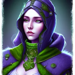 D&D character, female, vampire, druid, nature, green, purple galaxy cloak