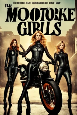 Poster for an action film called "The Motorbike Girls" starring Katherine McNamara, Margot Robbie and Georgia Henshaw wearing tight leather catsuits.