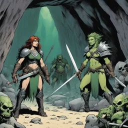 [comic book art by Le Tendre et Loisel (la quete de l oiseau du temps, 1987)] two woman warrior after a battle in a cave surrounded by dead bodies of green orcs and goblins, one has a sword, the other has a battle axe