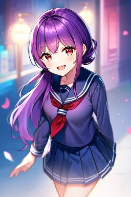 girl, masterpiece, best quality, cinematic lighting, detailed outfit, vibrant colors, perfect eyes, long hair, purple hair, red eyes, low ponytail, school outfit, laughing,