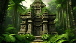 an ancient tiki temple with withered walls swallowed by nature in a dense jungle in a background format with a frontal view