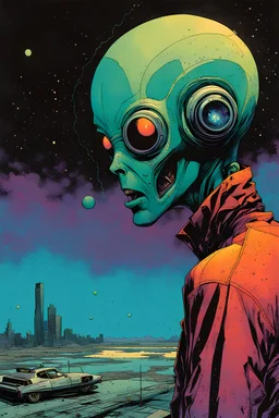 create an imaginative hybrid female alien camera being, filming an apocalyptic void of chaos, in the comic book art style of Bill Sienkiewicz, Mike Mignola, and Jean Giraud Moebius, finely textured, drawn, colored, and inked