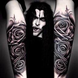 A perfect long-haired Vampire, perfect eyes,perfect face, full tattoos of gothic roses art and galaxy ,8k resolution, high-quality, fine-detail, intricate, digital art,volumetric lighting,highly detailed, masterpiece, delicate detailed, sharp focus, insanely detailed, fantasy art, intricate detailed, elegant, fog, Special Lighting, Vibrant, color Scheme, forest, unreal engine 5, trending on artstation,phighly detailed fantasy rose tones portrait, style Daniel Merriam and Jacek Yerka