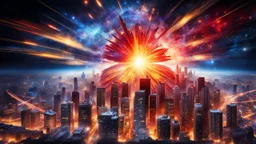 the futuristic hightech city big explosion with red, blue and some yellow hues representing the Big Bang, explosion centered, radiating energy, celestial particles emanating from the core, deep space ambiance, high contrast ultra clear, ultra realistic, perfect shot, professional photo