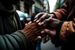 Interlaced hands on a background of city streets. photograph taken with Fuji XT-3 camera and 35 mm lens Real photograph. Photojournalism