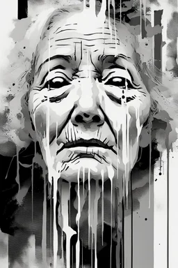 A surreal digital painting of an old woman's face dissolving into abstract black and white brushstrokes and pixelated glitches. Her eyes looking up , and she appears serene, as if lost in a dream or transcending reality. The background is minimalist, emphasizing the contrast between fluid ink-like drips and structured geometric distortions. High-detail, high-resolution, monochrome with soft lighting and dramatic contrast.