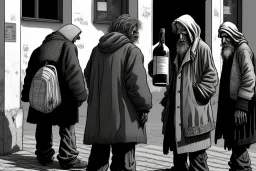 A group mature homeless huge Kaiserpinguine with worn out clothes, standing in a corner on the street, holding wine bottles in their wings , Vienna, mourning, model style, hyper realistic, extremely accurate, delicate, extremely detailed, Graphic novel style, wide-angle, open aperture, superfine pencil