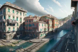 HanoiTrain+Close up Train head+ corner metro station+Elevated Train pass+trains+corner building on sea+riomaggiore+corniglia+genoa street+Italian medieval town+sea+alphonse mucha, greg rutkowski,matte painting, cryengine, hyper detailed, felix kelly, fantasy art, seb mckinnon