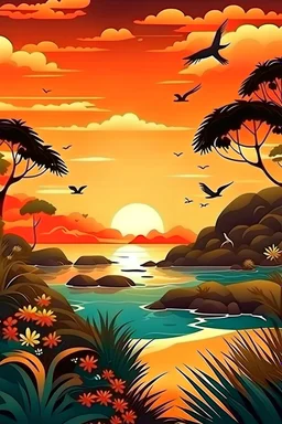 atardecer en la costa con variedad de fauna y flora. estilo realista