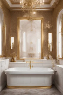 bathroom, old, old money, 50's, royal, castle vibe, fancy, luxury, richly, gold, white, princess
