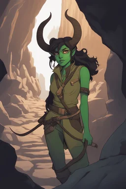 Dnd character with a long tail and small horns in a dark cave. A female Tiefling archeologist with green skin, wearing glasses, in brown adventurer's clothes. Cunning, beautiful, cool.