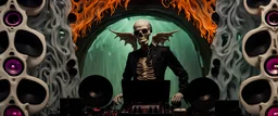 DJ of the damnded, insanely detailed DJ booth in hell, MID set, speakers and equipment made of bone, anatomically correct,