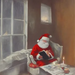 a painting of santa claus reading a book while sitting next to a window in the winter time with a candle lighten up on his desk