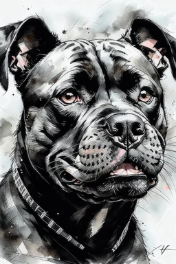Watercolor Portrait of a happy black Staffordshire bull terrier in the style of Yoji Shinkawa, Guy Denning, Florian Nicolle, Willem Haenraets