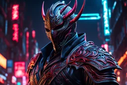 Carnage in 8k bloodborn artstyle, ronin costum, galaxy mask, cover face, dynamic pose, oshare kei, hurufiyya, rtx , neon lights, intricate details, highly detailed, high details, detailed portrait, masterpiece,ultra detailed, ultra quality