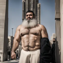 a Persian gay hairy big man in a modern street in Tehran with towers.