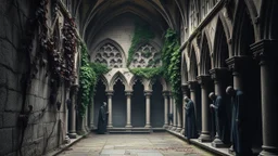 Abandoned cloistered courtyard, Romanesque architecture eroded by time, invasive vines with maroon leaves snaking along cracked walls, bunches of dark grapes between carved capitals, spectral figures of monks with heads bowed in silent procession, morning mist between arcades, moss and lichens on ancient stone, Dark Romanticism style