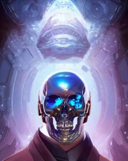 A glass headed skull with sapphire eys wearing a futuristic uniform, 8k resolution concept art portrait by Greg Rutkowski, Artgerm, WLOP, Alphonse Mucha Boris Vallejo dynamic lighting hyperdetailed intricately detailed Splash art trending on Artstation vivid colors Unreal Engine 5 volumetric lighting, by H.R. Giger