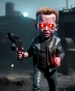 The Terminator toddler, red eye, full body, dramatic lighting, angry, hyper realistic