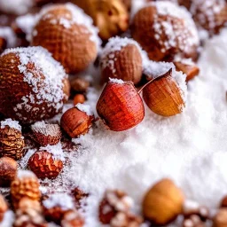 watercolor of tiny acorn covered in snow, warm colors, soft lighting, snowdrift