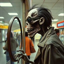 long shot profile decaying shambolic zombie in an 1980's mall at a sunglasses kiosk who is looking into mirror with sunglasses on, by Simon Bisley and Stephen Gammell