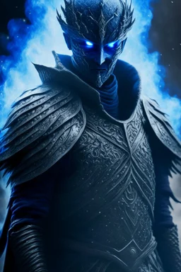 blue smoke in a shape of humanoid of colour of a storm wearing a scalemail armor