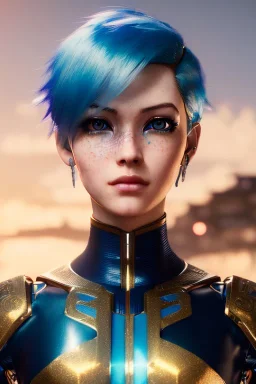 Cyborg anime warrior, light blue hair, golden eyes, waist up portrait, 8k resolution, intricate details, ornate details, soft lighting, vibrant colors, retroanime, masterpiece, intricate eyeliner, dark eyeshadow, eyes, intricate tattoos, futuristic cityscape background