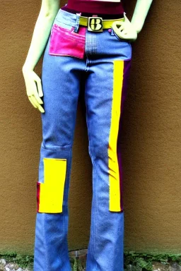 Photograph of a woman. Low waist jeans! bright blue jean, baggy,1996!Huge plant prints on denim,terracotta,cream,purple,lilac. Cream colored latex parts. imperial yellow, red plum stripes, only on the top half of t-shirt. European daft punk woman. Mantle is sewed of recycled Denim and sewed together of recycled polymer felt. lace, Yellow(Munsell) areas. hint of orange as effect color!!Big bright purple/khaki felt tippet and cream or blue or lilac colored-hood. mantle is merged with cobalt bole