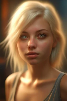 a cute blonde female that stares at us like we are the prettiest demons she has ever seen, its such a perfect day, motion blur, smoke, 8k, downlight, soft light, depth of field, photorealism, trending on art station, lotsa detail