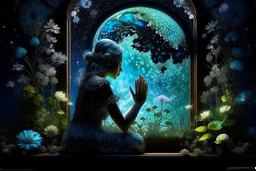 double exposure, merged layers, praying woman silhouette in backlit, glass and gemstone moonflowers bathing in the light from a full moon, rocks, water, amazing night sky, glowing flowers, vines, large stars highly detailed extremely detailed fantasy photorealistic beautiful high detail award winning hyperrealistic ultra detailed high definition crisp quality Jacek Yerka Ultra realistic Dominic Davison