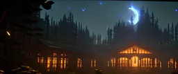 view a library in forest with fireflies and orange mystic lights around trees that have wide leaves and broad trunked. Night with moon light.