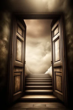 magic doorways. behind first door glass glossy staircase made of clouds leads up to the heaven. behind second door staircase made of stone leads down to the hell