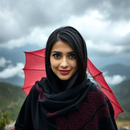 Hyper Realistic Close-Face-View-Of Beautiful Young Happy Pashto Woman With Beautiful-Black-Mascara-Eyes-&-Black-Hair Wearing Black-Frock & Black-Shawl-With-Maroon-Lace Carrying An Red Umbrella On Mountain-Top With Greenery & Breathtaking Cloudy-Rainy-Weather Showing Dramatic & Cinematic Ambiance.