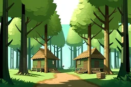 Stage: In a forest, there are a pair of large shady trees. Under the trees, there is a simple house.