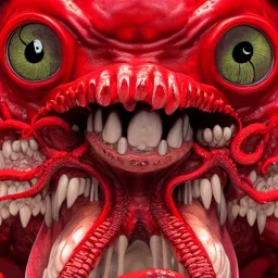 red, tentacles, a lot of eyes, teeth, monster, horror, blood, huge, scary, hyperrealism, gore, masterpiece, expert, volumetric lighting, deformed, sharp focus, 8K