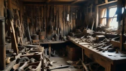 A cluttered weaponry with worn wooden walls and stone floors.