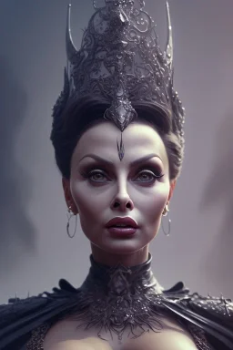 Sophia Loren as evil queen in black leather, cleavage, dominatrix, angry, stern look. character design by cory loftis, fenghua zhong, ryohei hase, ismail inceoglu and ruan jia. unreal engine 5, artistic lighting, highly detailed, photorealistic, fantasy