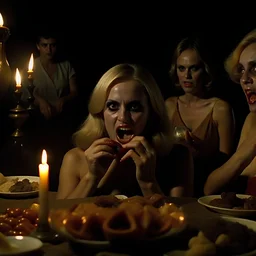 Horror movie shot, spooky, horns, hot, ultra realistic, dine, they enjoy and get excited, ashs, ultra realistic hot blonde women, party, extremely, pieces of organs, ail, dynamic, very excited people, 1970's, Dario Argento, hypermaximalist figures, light, Italian horror movie, sinister, ornate, 4k, photorealism