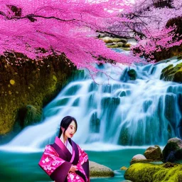 jolie femme asiatique en kimono près d'une cascade d'eau transparente entouré de cerisiers du japon avec aurore boréale rose