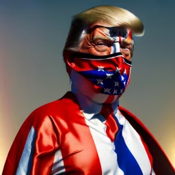 realistic image of donald trump as a mexican wrestling fighter posing outdoors, Mexican eyes wrestling mask, red and blue breeches, confederate flag cape, retro style, 80s, vibrant color, highly detailed, sky background, concept art, unreal engine 5, god rays, ray tracing, RTX, lumen lighting, ultra detail, volumetric lighting, 3d, finely drawn, high definition, high resolution.