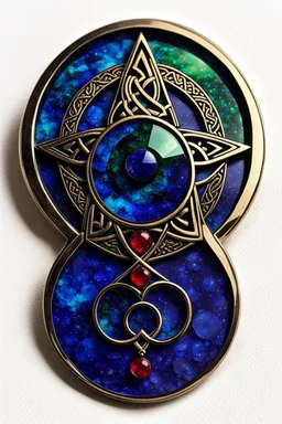 the symbol of an ancient Celtic female vampire coven , in the form of highly detailed triskele worked in lapis lazuli, emerald, and ruby, with the all seeing eye at its center lapel pin, in the graphic novel style of Bill Sienkiewicz, Jean Giraud Moebius, and Enki Bilal