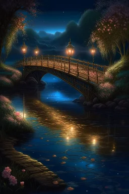 A night bridge in the park, a cozy lonely flashlight is burning, a crystal clear river under the bridge, beautiful flowers around, rose petals on the water, glow professional photo, careful drawing of small details,detailed digital painting, high image detail 120k, fine detailed drawing, perfect angle, professional photo, HDR, UltraHD, many details, pixel study, hyperreal, 9D, hyper detail, photorealism, ultra high graphics, realistic, hyper clarity