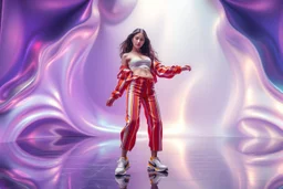 beautiful lady with todays modern clothing and sport shoes, in surreal stage made of 3d fractal random size recursive objects with helical strip colors in clothing similar to environment full body dancing to camera,animating background metallic random color and size recursive objects